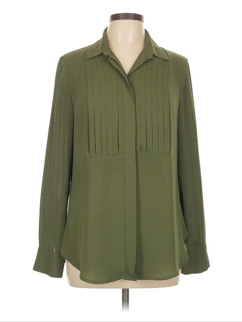 J. Crew Olive Pleated Front Long-Sleeve Women's Blouse Size Large